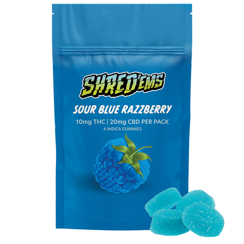Shred'ems: Sour Blue Raspberry CBD/THC 2:1 Gummies (Indica)